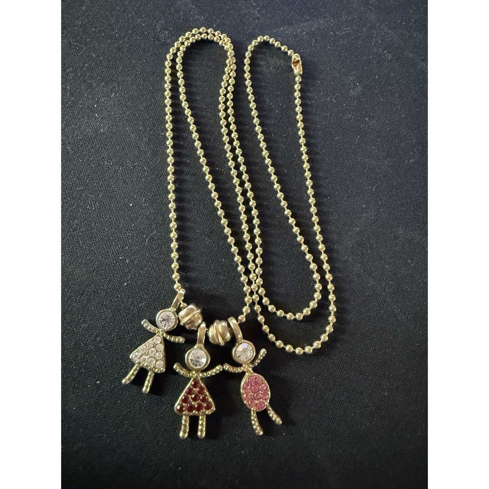 Gold Birthstone Kid Figural Charm Necklace 28"L Rhinestones Pink Red Clear